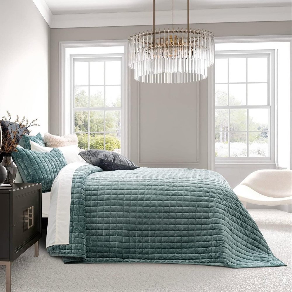 Aqua Green Blue Soft Quilted Squares Velvet Bedding Quilt Sham Set Twin Size Bed